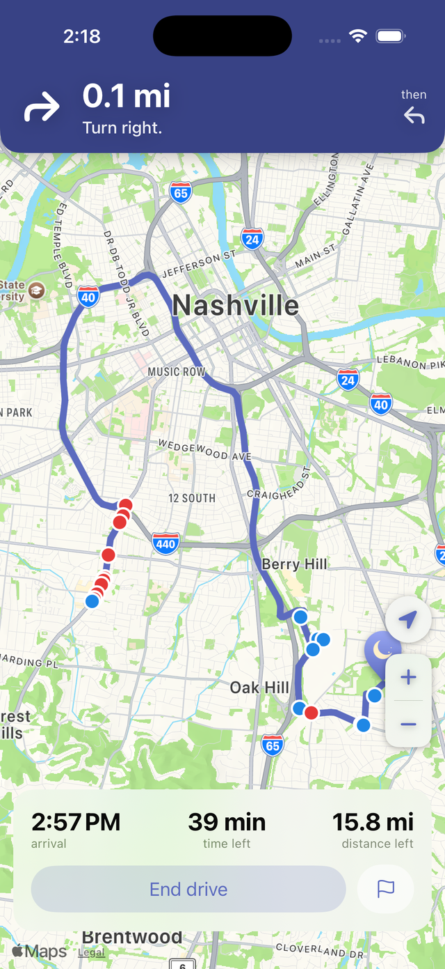 Silent navigation with a large turn banner and an arrival bar